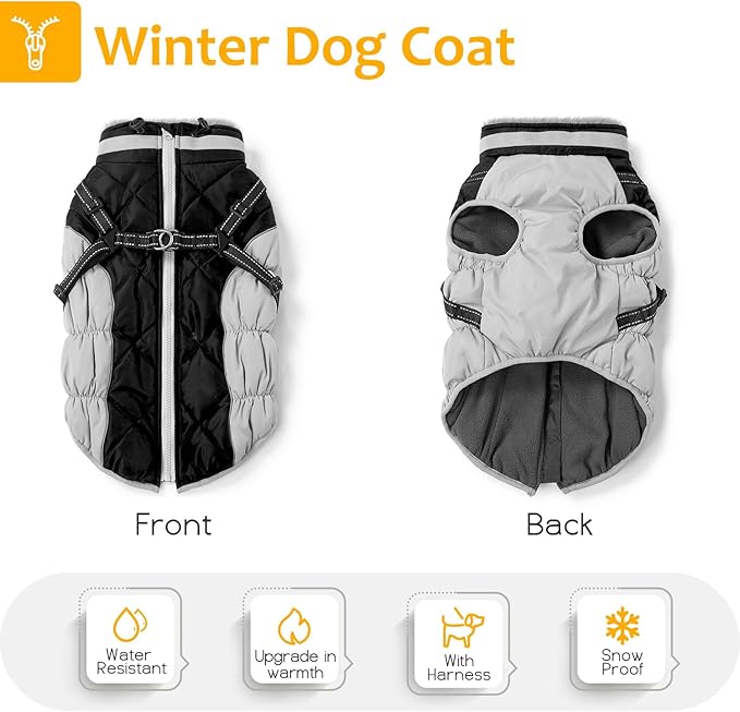 Dog Winter Coat with Harness, Dog Jacket, Pet Clothes with Zipper on Back, Waterproof Windproof Warm Vest, Reflective Cold Weather Coats, for Small Medium Large Dogs, Thick, Black,XS
