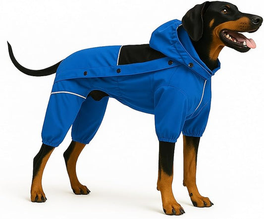 LOVELONGLONG Waterproof Dog Raincoat with Removable Hood – Outdoor Full Body Dog Jacket, Windproof Snowproof Shell Suit – All Season Pet Rain Gear Blue XL