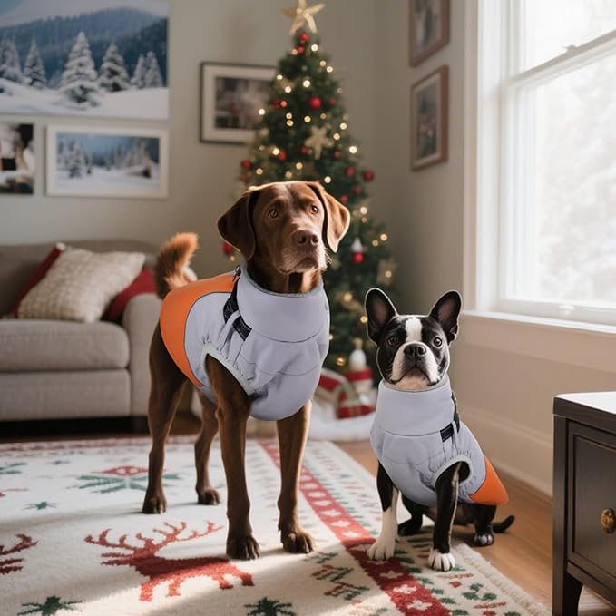 DENTRUN Dog Coat with Harness Built in, Windproof Water-Repellent Winter Dog Jacket with Reflective Strips & Fleece Lined, Plush Turtle Neck for Small Dogs, Orange, XS