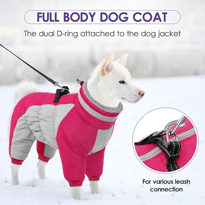SUNFURA Full Body Dog Coat - Warm Fleece Jacket for Small Dogs, Turtleneck Winter Coats with Harness, Reflective Dog Snowsuit Windproof Puffer Jackets with Legs for Chihuahua, Yorkie, Hot Pink XS