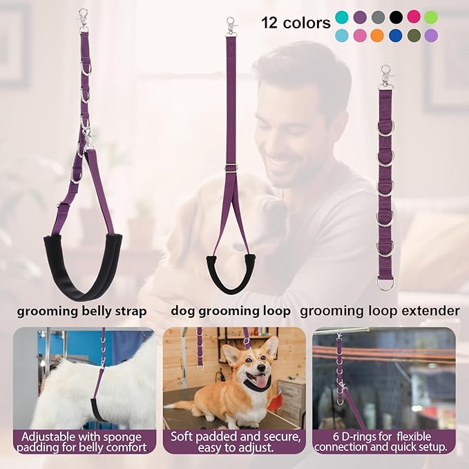 Dog Grooming Belly Straps Pink Pet Grooming Supplies 3 Sets Professional Dogs Belly Band Pet Dogs Groomer Extension Strap Table Arm Loop Extender for Small Medium Large Pets (Pink)