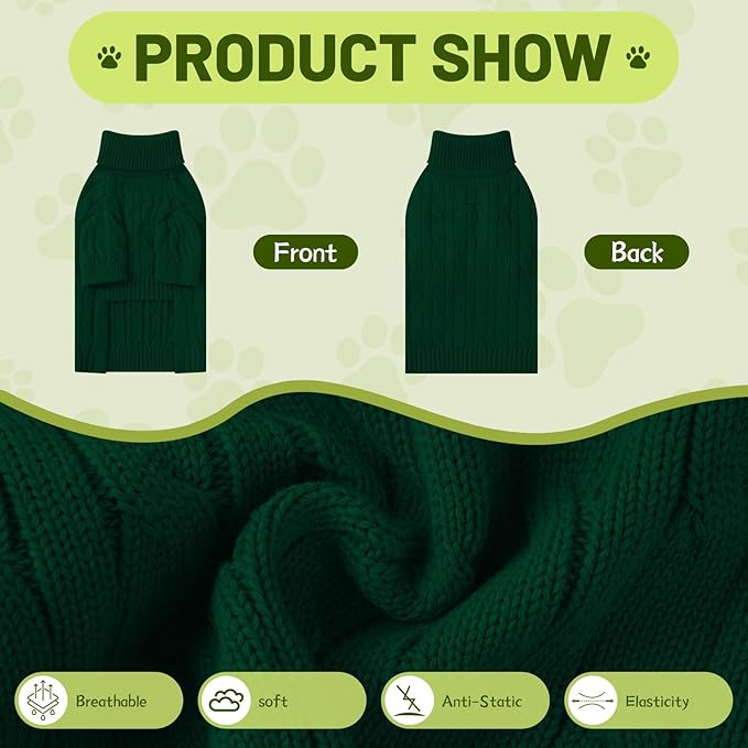 Small Dog Thermal Pullover Sweater, Classic Turtleneck Cable Knitwear Dog Clothes for Cold Weather Warm Pet Clothes for Chihuahua, Bulldog, Dachshund, Pug Green Small