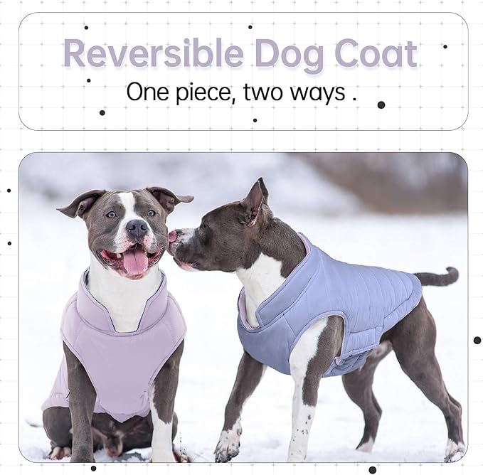 Lelepet Reversible Dog Coat Waterproof Dog Jacket Windproof Puffer Vest for Winter Warm Lightweight Coats for Large Dogs Adjustbale Hook & Loop Pet Apparel with Leash Hole, Pitbull, Purple, XL