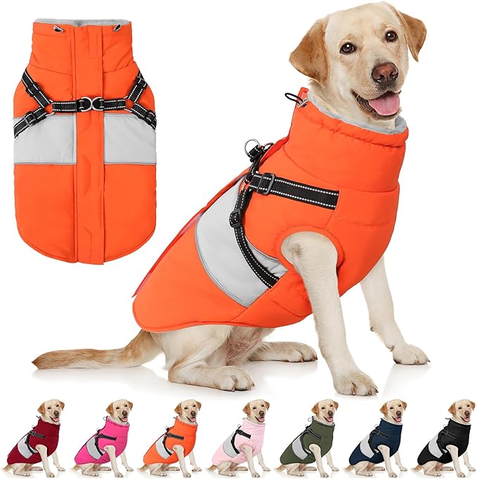 AOFITEE Dog Winter Coat, Dog Coat with Harness Built in, Dogs Jacket for Large Dogs, Reflective Waterproof Pet Puffer Jacket Snowsuit, Warm Fleece Windproof Pet Sweater for Cold Weather, XL