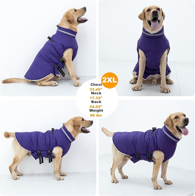 Small Dog Coat with Harness Built-in, Waterproof Reflective Fleece Lined - Warm Windproof Winter Jacket with Back Zipper, Cold Weather Snow Dog Coats - Purple - XS