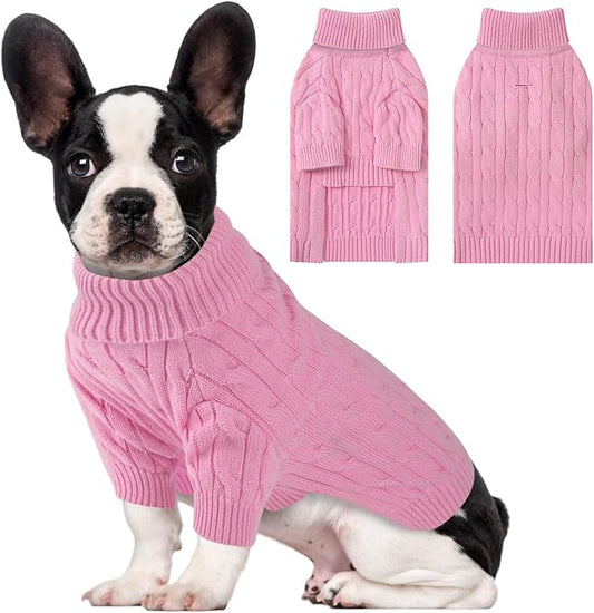 Small Dog Thermal Pullover Sweater, Classic Turtleneck Cable Knitwear Dog Clothes for Cold Weather Warm Pet Clothes for Chihuahua, Bulldog, Dachshund, Pug Pink Small