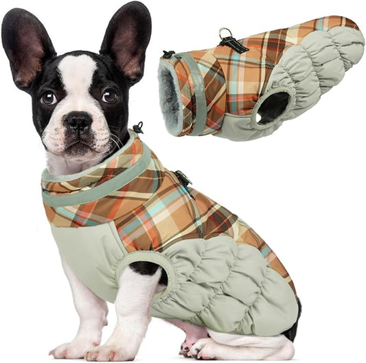 Lelepet Warm Dog Winter Coat Dog Coats for Small Dogs Waterproof Dogs Jacket with Harness Built in Reflective Cold Weather Coats Windproof Zip-Up Winter Fleece Vest Snowsuit Chihuahua Brown Plaid