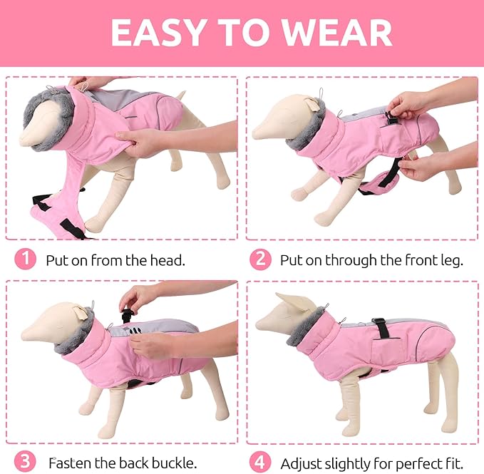 Queenmore Dog Coats for Large Breeds, Doggie Snow Jacket, Adjustable Easy On Dog Winter Jacket for Large Dogs, Waterproof Cold Weather Pet Coat, Pink, L