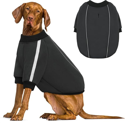 Queenmore Fleece Dog Sweater for Male Dogs, Soft Pullover Dog Sweatshirt with Leash Hole/Reflective Stripes – Cozy Winter Fleece Jacket for Small Medium Large Boy Puppy, Grey XXXL