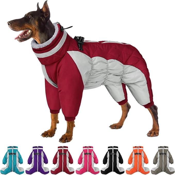 SUNFURA Full Body Dog Coat - Warm Fleece Jacket for Small Dogs, Turtleneck Winter Coats with Harness, Reflective Dog Snowsuit Windproof Puffer Jackets with Legs for Chihuahua, Yorkie, Burgundy XS