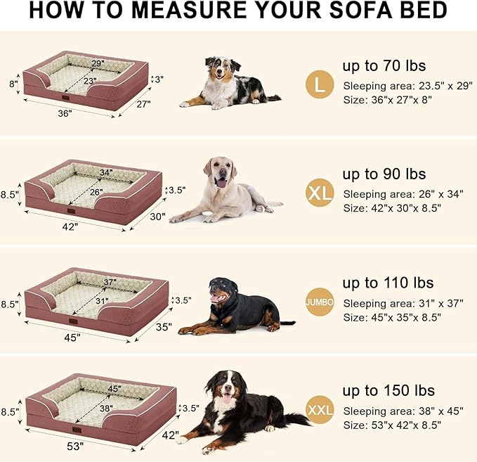 Orthopedic Dog Beds for Extra Large Sized Dogs, Waterproof Memory Foam XL Pet Bed with Sides 42x30Inch, Non-Slip and Egg-Crate Foam Big Dog Couch Bed with Removable Washable Cover, Pink