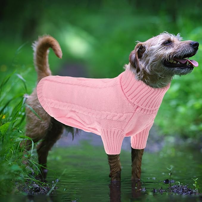 Queenmore Small Dog Pullover Sweater, Cold Weather Cable Knitwear, Classic Turtleneck Thick Warm Clothes for Chihuahua, Bulldog, Dachshund, Pug, Yorkie (Pink, X-Small)