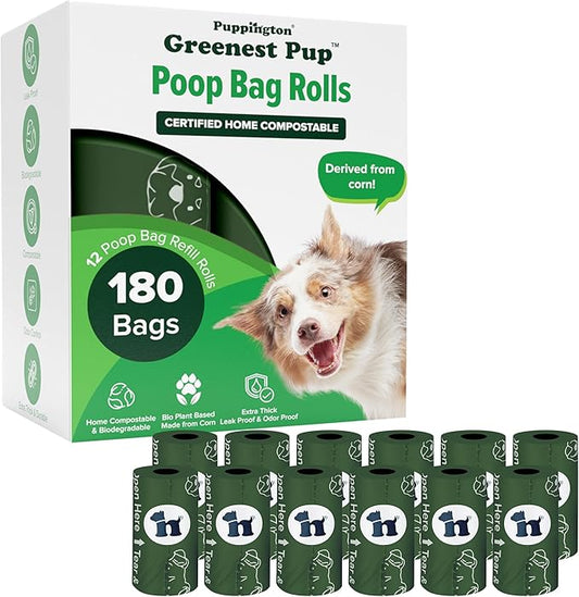 Puppington Certified Home Compostable Poop Bags - ASTM D6400 Compliant - 180 Extra Thick Bags - Plant Based - Pairs with Puppington 3-in-1 Bag & Fits all Standard Poop Bag Dispensers (Basil Green)