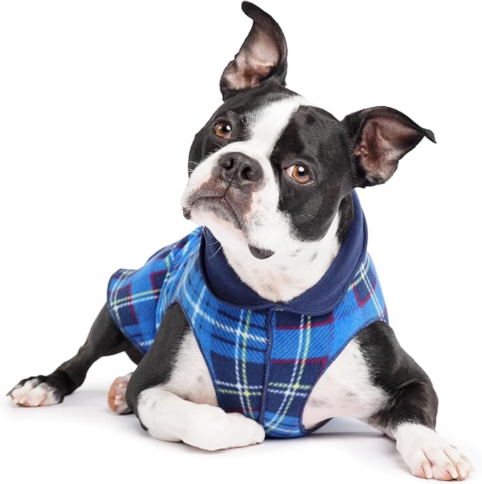 Goldpaw Duluth Double Fleece Dog Sweater Vest for Small Dogs - Soft, Stretchy Dog Fleece - Warm Pet Jacket for Fall and Winter - Premium Pet Outerwear - Machine Washable - Blue Plaid/Navy - Size 12
