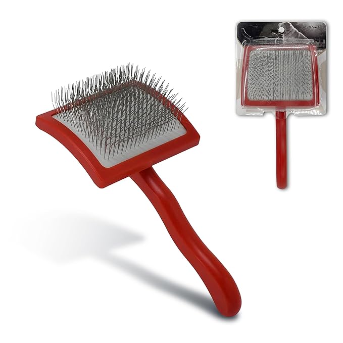 Pet Slicker Brush for Long & Short Hair - Detangling Tool for Dogs & Cats - 135° Angled Stainless Steel Pins, Curved Handle - Gentle Grooming for Small/Medium/Large Breeds (Red)