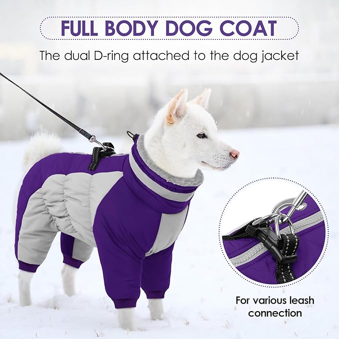 SUNFURA Full Body Dog Coat - Warm Fleece Jacket for Extra Large Dogs, Turtleneck Winter Coats with Harness, Reflective Dog Snowsuit Windproof Puffer Jackets with Legs for Great Dane, Purple 3XL