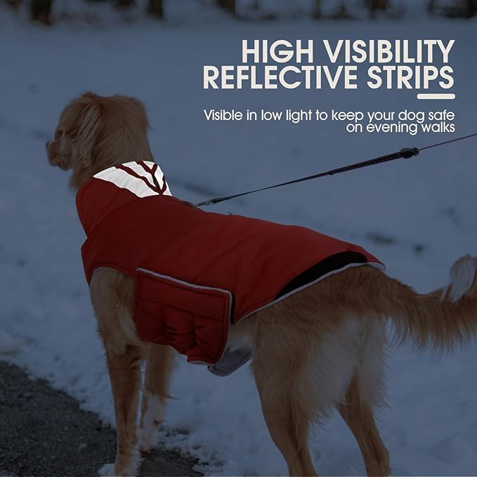 Kuoser Dog Coat Large, Cold Weather Reflective Waterproof Dogs Jacket with Warm Fleece Lining, Turtleneck Dog Winter Coat with Zipper, Doggy Snow Jacket Pet Coats for Small Medium Large Dogs, Red 3XL