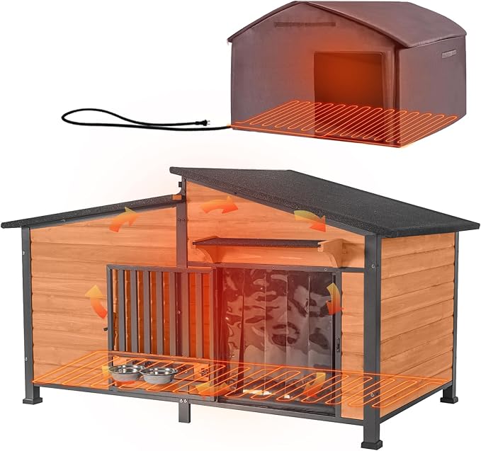 GUTINNEEN Extra Large 60" Heated Dog House Outdoor Insulated Dog Kennel with Safe Heated Pad, Chew-Proof Metal Frame and Rotating Food Bowl for Large Dog Breeds, 60" L x 36" W x35.4 H (Brown)