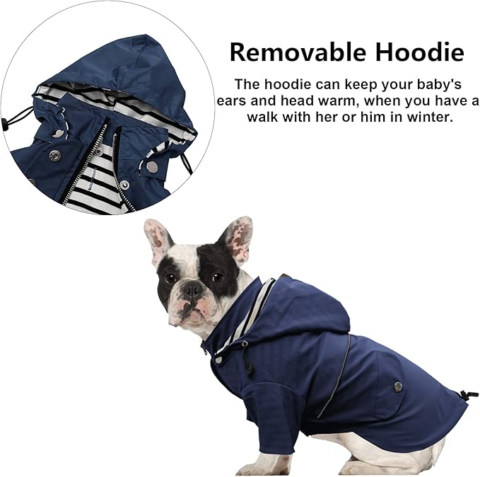 Morezi Dog Zip Up Raincoat with Reflective Buttons, Rain/Water Resistant, Adjustable Drawstring, Removable Hood, Raincoats with Legs 8lbs to 80lbs Available - Dark Blue - L