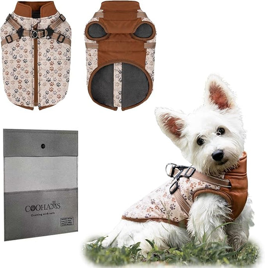 Dog Winter Coat for Small & Medium Dogs (Up to 32lb), Waterproof Dog Coat with Harness, Puppies Windproof Puppy Puffer Jacket, Snowsuit for Dachshund,Frenchie, Corgi (Paw Brown, XLarge)