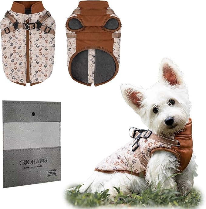 Dog Winter Coat for Small & Medium Dogs (Up to 32lb), Waterproof Dog Coat with Harness, Puppies Windproof Puppy Puffer Jacket, Snowsuit for Dachshund,Frenchie, Corgi (Paw Brown, 2XLarge)