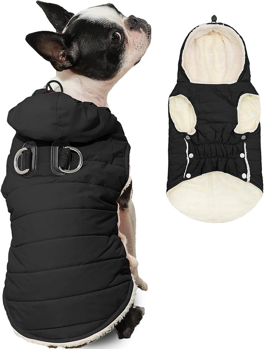Fleece Lining Dog Hoodie with Harness Built in,Extra Warm Large Dog Jacket in Winter Doggie Coats with Drawstring Hooded,Black XXXL