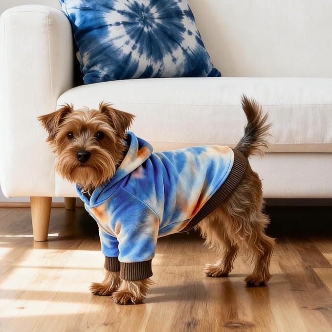 WOYYHO Tie Dye Dog Hoodie & Sweatshirt - Premium Velvet Soft Lightweight Pullover for Small Medium Dogs, Cozy Puppy Sweater for Puppy Dachshund French Bulldog, Multi Blue Browm L