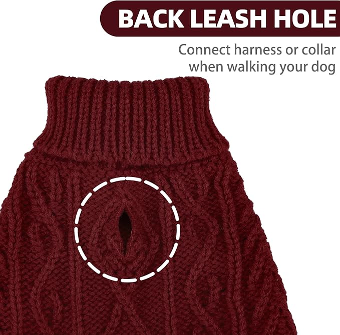 PUPTECK Dog Sweater, Turtleneck Warm Knitted Pullover Coat, Thick Cable Knitwear Clothes in Winter, Pet Apparel Outfits for Small Medium Dogs, for Cold Weather Indoor & Outdoor, Deep Red SM
