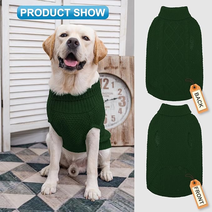 Mihachi Turtleneck Dog Sweater - Winter Coat Apparel Classic Cable Knit Clothes with Leash Hole for Cold Weather, Ideal Gift for Pet in New Year Army Green Medium/Large