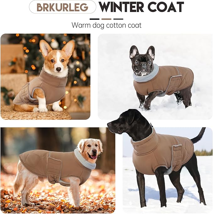 BRKURLEG Dog Winter Coat, Warm Dog Jackets for Small and Medium Large Dogs, Reflective Adjustable Pet Cold Weather Coats, Waterproof Windproof Dogs Snow Jacket Clothes Warm Vest (XXL, Khaki)