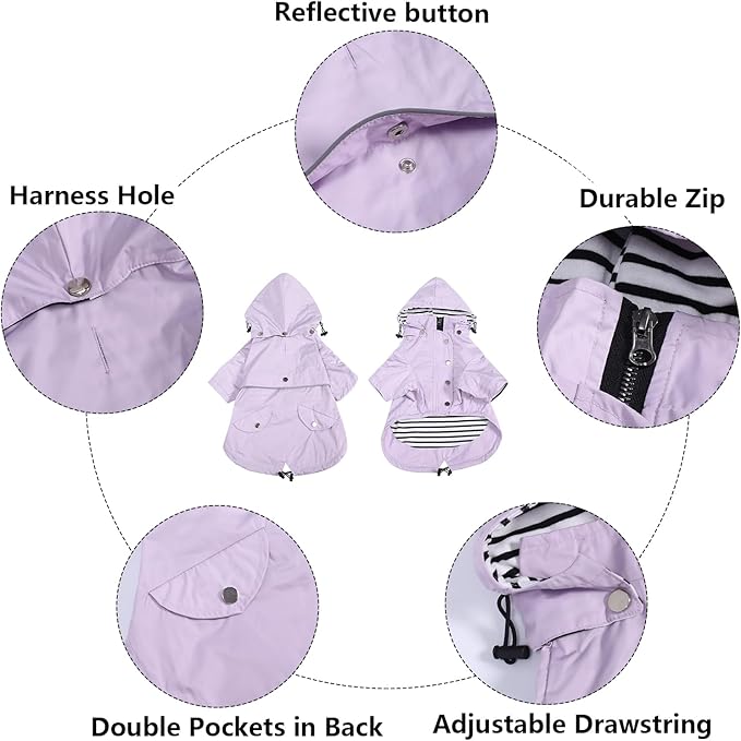 Morezi Dog Zip Up Raincoat with Reflective Buttons, Rain/Water Resistant, Adjustable Drawstring, Removable Hood, Raincoats with Legs 8lbs to 80lbs Available - Purple - L