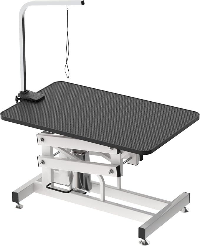 Hydraulic Dog Pet Grooming Table, 42 Inch Heavy Duty Z Lift Structure Professional Dog Grooming Table Suitable for Large Dogs at Home with Adjustable Arms, Clamps and 2 Grooming Noose, Black