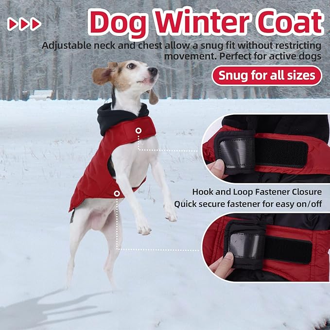 Nanaki Warm Dog Puffer Jacket with Hood-Soft Reflective Dog Coat for Medium Dogs Cold Weather,Lightweight Windproof Snowproof Puffer Vest for Outdoor Walking Hiking, Adjustable Snowsuit Easy On,Red