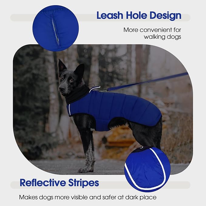 IDOMIK Dog Winter Coat, Warm Waterproof Dog Puffer Jacket with Harness Hole, Adjustable Reflective Snow Jacket Vest with Turtleneck, Pet Cold Weather Coats for Large Dogs,Blue,2XL