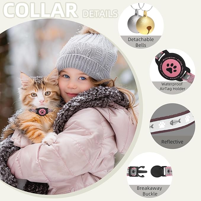 Waterproof Airtag Cat Collar, Reflective With Bell, Breakaway Holder, Lightweight for Apple Air Tag, GPS Collars for Girl Boy Cats, Kitten (Pink)