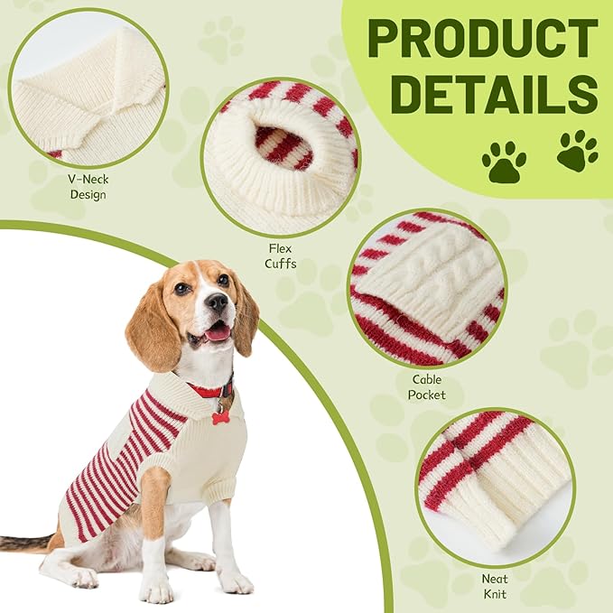 Small Dog Sweater, Knitted Striped Pullover Dog Clothes for Cold Weather, Thick Warm Cozy Stretchy Sweater for Chihuahua, Bulldog, Dachshund, Pug(Red & White Strip, M)