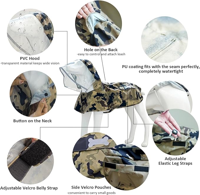 Waterproof Dog Raincoat, Adjustable Reflective Lightweight Pet Rain Clothes with Poncho Hood(Medium,Camo)