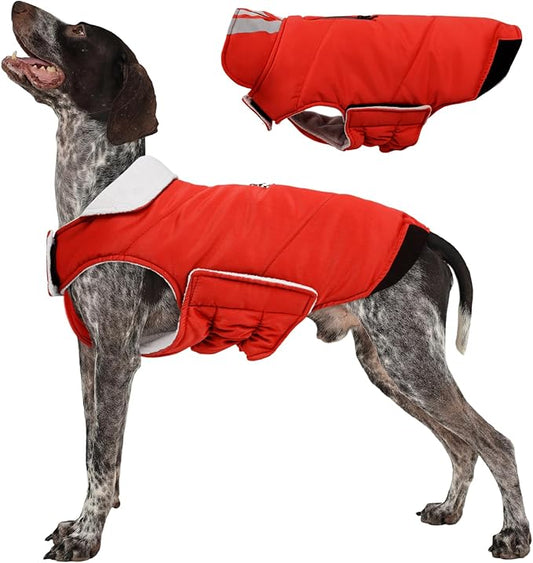 Kuoser Dog Coat Large, Cold Weather Reflective Waterproof Dogs Jacket with Warm Fleece Lining, Turtleneck Dog Winter Coat with Zipper, Doggy Snow Jacket Pet Coats for Small Medium Large Dogs, Red L