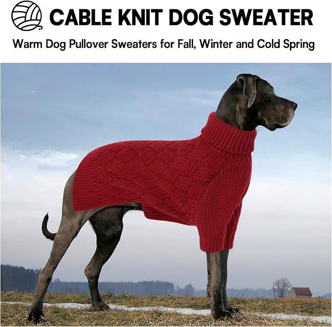 KOESON Large Dog Sweater, Warm Christmas Dog Sweaters for Large Dogs, Cable Knit Sweater for French Bulldog, Pug, Corgi, Boston Terrier, Easy On Xmas Sweaters for Dogs, Red, L