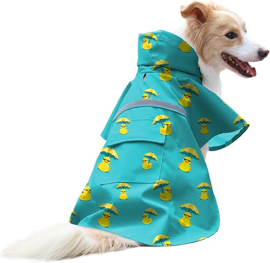 NACOCO Large Dog Raincoat Adjustable - Pet Rubber Ducks Yellow Water Proof Clothes Lightweight Rain Jacket Poncho Hoodies with Strip Reflective Pink (Lake Green L, Sunglass Duck)