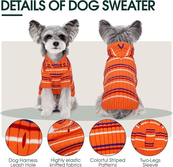 Kuoser Small Dog Sweater, Dog Sweaters for Small Dogs Male, Girl Boy Dogs Christmas Sweater, Hooded Striped Pet Puppy Pullover Sweatshirt Outfits for Chihuahua, Dachshund, Pug, Yorkie, Orange S