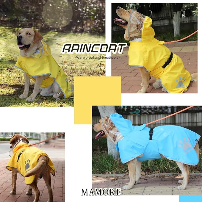 MAMORE Dog Raincoat Hooded Rain Jacket for Small Medium Large Dogs Slicker Poncho Bottom Waterproof Adjustable Reflective Breathable Leash Hole (Yellow, Small)