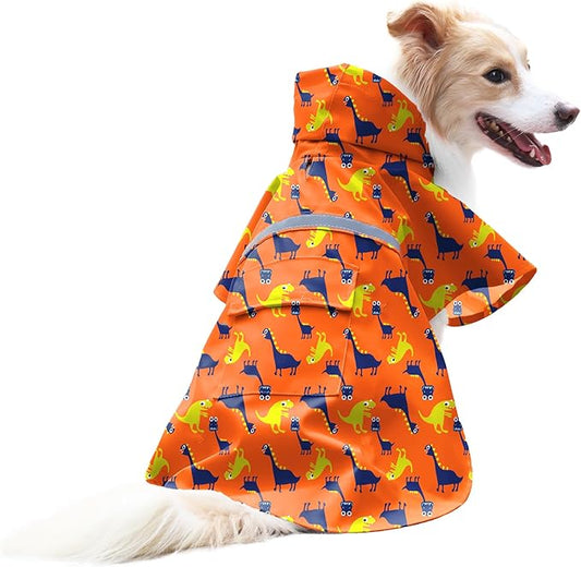 NACOCO Large Dog Raincoat Adjustable - Pet Dinosaurs Water Proof Clothes Lightweight Rain Jacket Poncho Hoodies with Strip Reflective Blue (XXXL, Orange Dinosaur)