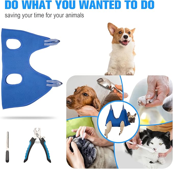 10 in 1 Dog Grooming Hammock Harness with Nail Clippers, Nail Trimming Hammock for Pet, Grooming Sling Hanger Holder Restaint for Nail Trimming/Clipping (XXS/Under 10lb Blue)