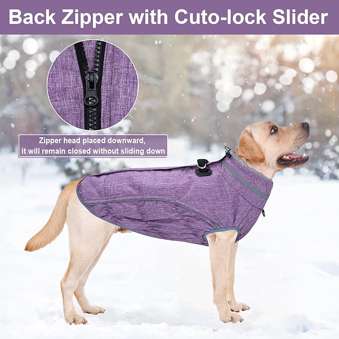 Malier Dog Coat, Reflective Dog Jacket Waterproof Windproof Puppy Cold Weather Coats with Harness Built in, Winter Extra Warm Pet Coat Fleece Vest for Small Large Pets and Puppy (Purple, Medium)