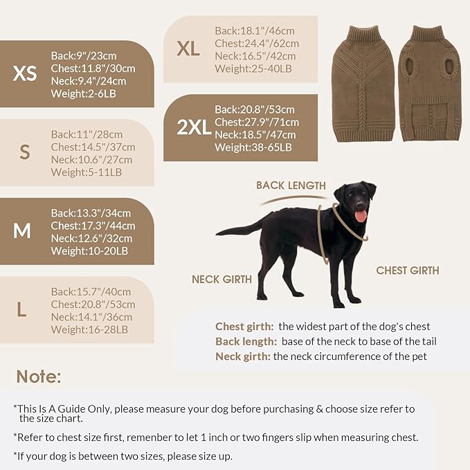 Dog Sweaters for Large Dogs Male Female Pet Knitwear Classic Puppy Warm Pullover Turtleneck Cold Weather Clothes for Labrador(Brown, 2XL)