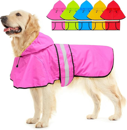 Dog Raincoat - Reflective Dog Rain Jacket, Waterproof Hooded Pet Rain Coat with Harness Hole, Lightweight Adjustable Doggie Slicker Poncho for Walking (XX-Large, Pink)