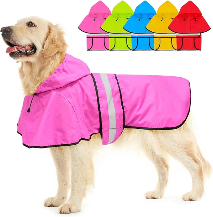 Waterproof Dog Raincoat - Reflective Dog Rain Jacket with Hood Lightweight Pet Rain Coat for Dogs(Large, Pink)