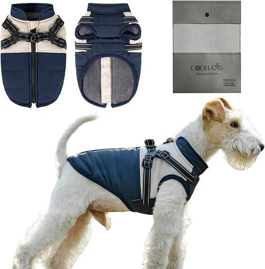 Dog Winter Coat for Small & Medium Dogs (Up to 31lb), Waterproof Dog Coat with Harness, Puppies Windproof Puppy Puffer Jacket, Snowsuit for Dachshund,Frenchie, Corgi (Classic Blue, XLarge)
