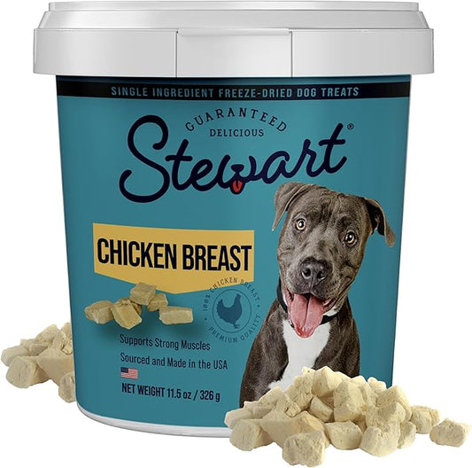 Stewart Chicken Breast Dog Treats, 11.5 oz, ~215 Pieces, Freeze Dried Raw, Single Ingredient, 74% Protein Training Treats or Meal Topper in a Resealable Tub, Grain Free, Gluten Free